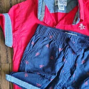Adorable Baby Boy Outfit Set – Red Short Sleeve Button-Up & Navy Lobster Print